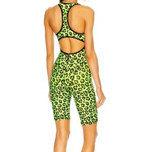 Adam Selman Sport French Cut Biker Catsuit Neon Leopard